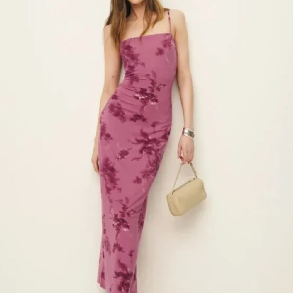 Reformation Elise Midi Dress - Hothouse Rose Pink Floral Stretchy Knit - Picture 8 of 9